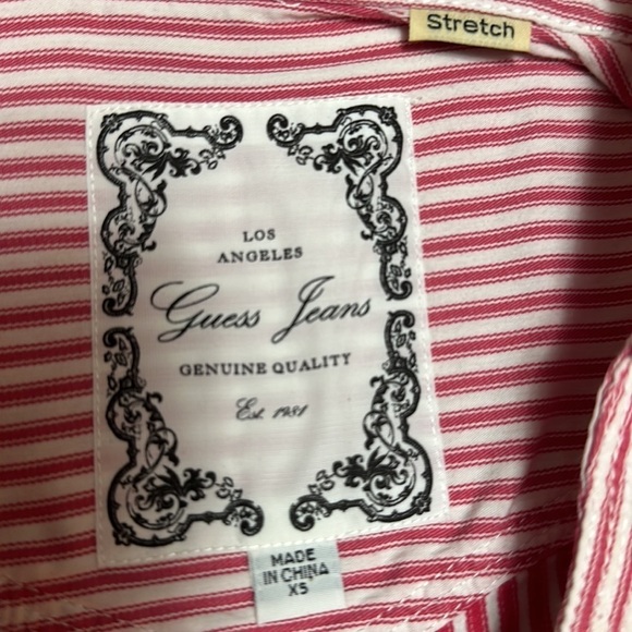 Guess Jeans Stretch Long-sleeved V-Neck Button down Shirt Red|White Stripes XS - Picture 6 of 7